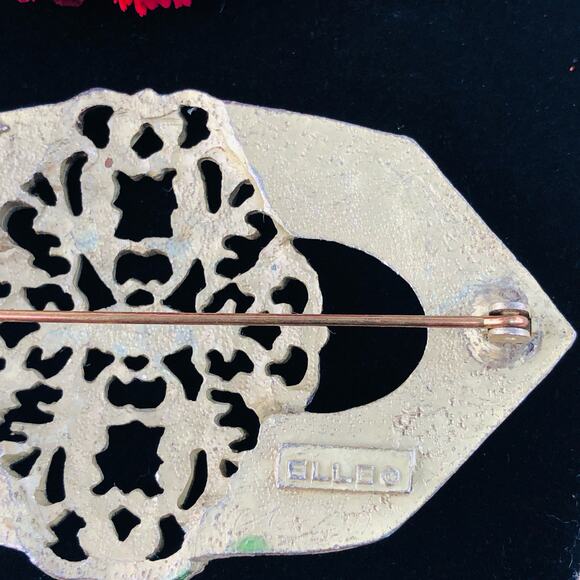 Vintage Signed ELLE Green Enamel Filigree Dark Gold Brooch Pin - Picture 5 of 5